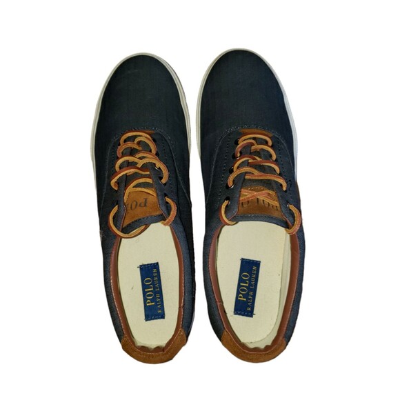 Polo Ralph Lauren  Men's Size US 11.5D Blue Canvas Thorton Brown Leather Sneaker - Picture 8 of 11